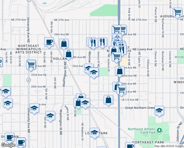 map of restaurants, bars, coffee shops, grocery stores, and more near 2219 Monroe Street Northeast in Minneapolis