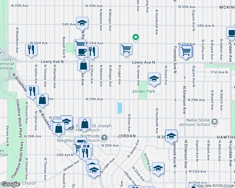 map of restaurants, bars, coffee shops, grocery stores, and more near 2930 North Logan Avenue in Minneapolis