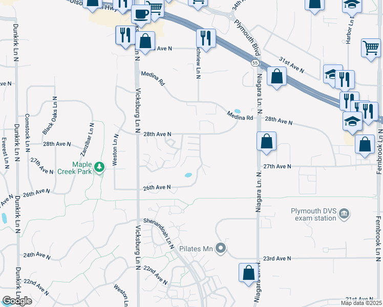 map of restaurants, bars, coffee shops, grocery stores, and more near 2785 Ranchview Lane North in Plymouth