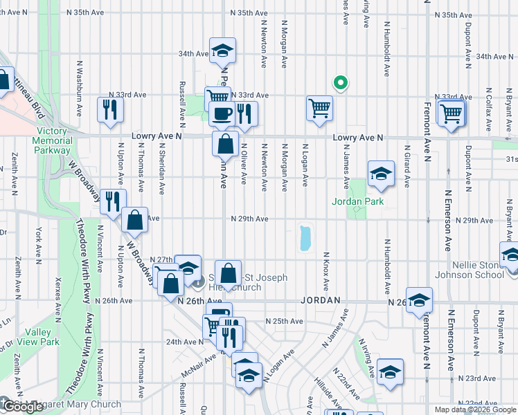 map of restaurants, bars, coffee shops, grocery stores, and more near 2927 North Newton Avenue in Minneapolis