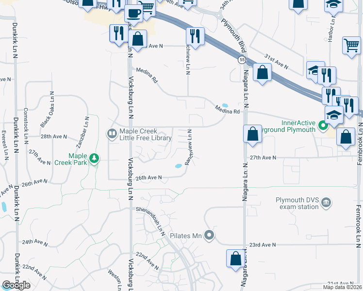 map of restaurants, bars, coffee shops, grocery stores, and more near 2785 Ranchview Lane North in Plymouth