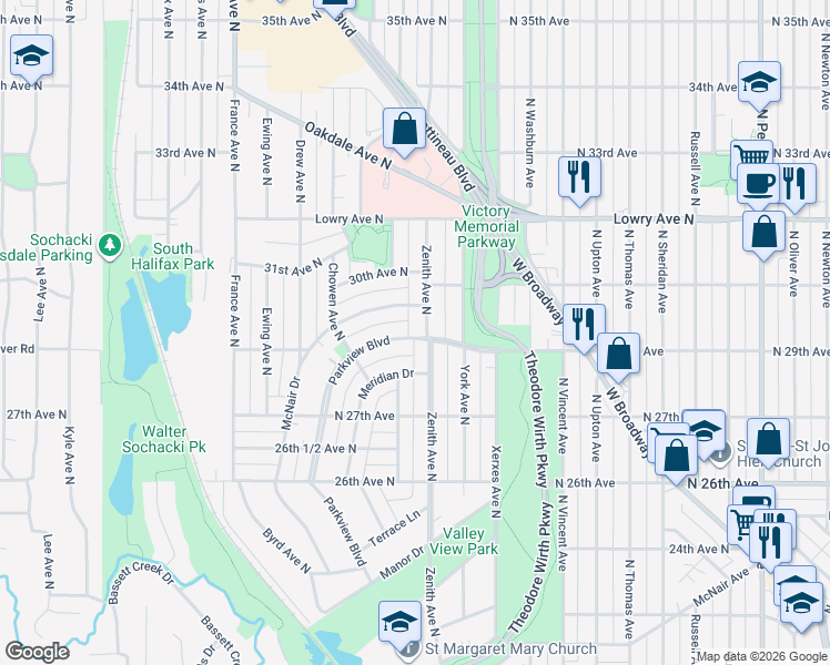 map of restaurants, bars, coffee shops, grocery stores, and more near 2914 Zenith Avenue North in Minneapolis