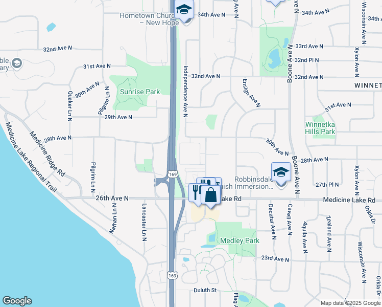 map of restaurants, bars, coffee shops, grocery stores, and more near 2927 Hillsboro Avenue North in Minneapolis