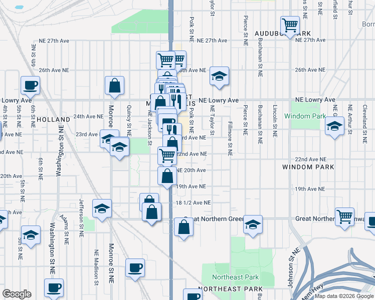 map of restaurants, bars, coffee shops, grocery stores, and more near 2214 Polk Street Northeast in Minneapolis