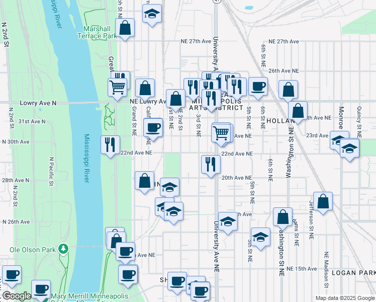 map of restaurants, bars, coffee shops, grocery stores, and more near 213 22nd Avenue Northeast in Minneapolis