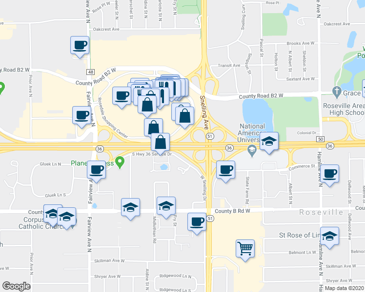 map of restaurants, bars, coffee shops, grocery stores, and more near 1607 Rosedale Shopping Center in Roseville