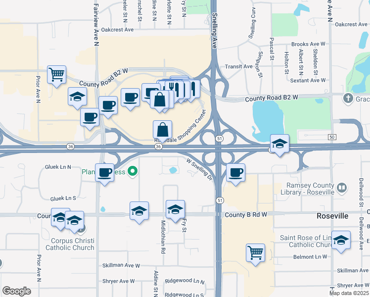 map of restaurants, bars, coffee shops, grocery stores, and more near 1607 Rosedale Shopping Center in Roseville