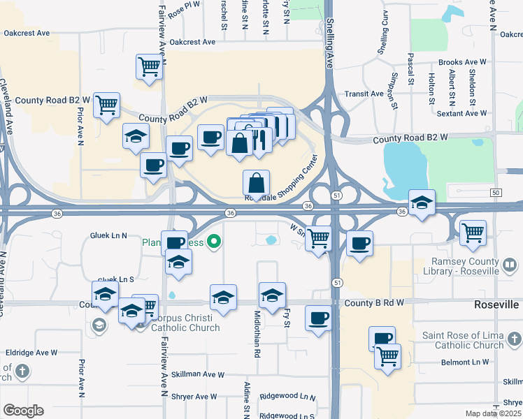 map of restaurants, bars, coffee shops, grocery stores, and more near 1705 Minnesota 36 in Roseville