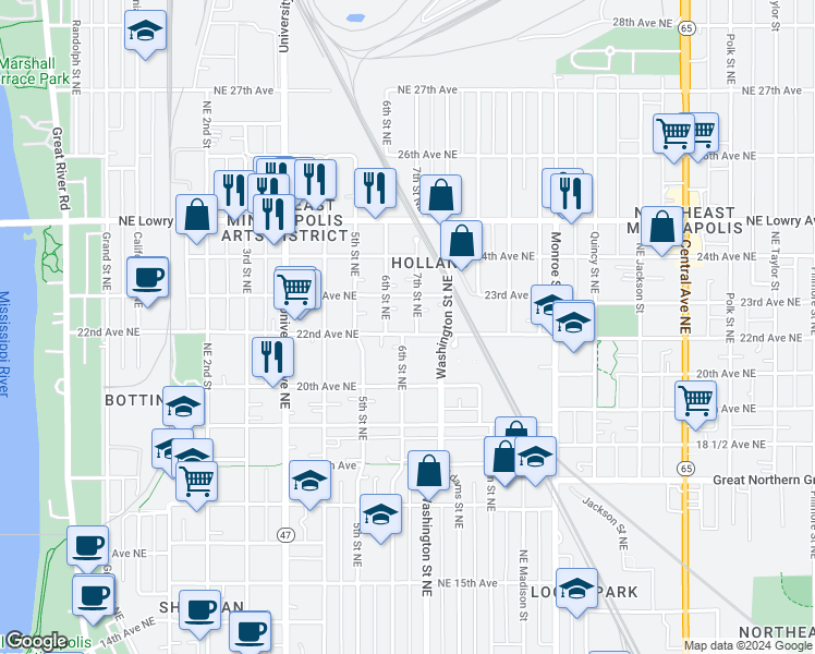 map of restaurants, bars, coffee shops, grocery stores, and more near 2212 7th Street Northeast in Minneapolis