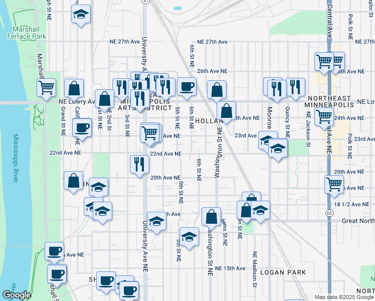 map of restaurants, bars, coffee shops, grocery stores, and more near 2212 6th Street Northeast in Minneapolis