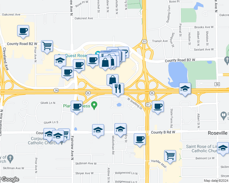 map of restaurants, bars, coffee shops, grocery stores, and more near 1690 Minnesota 36 in Roseville