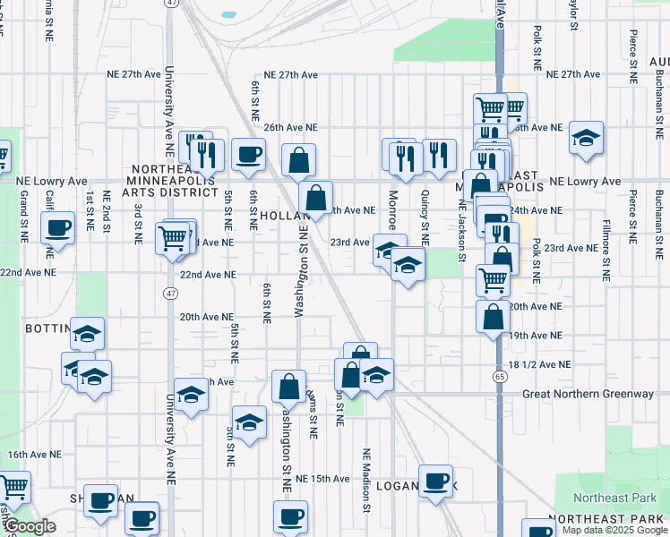 map of restaurants, bars, coffee shops, grocery stores, and more near 657 22nd Avenue Northeast in Minneapolis