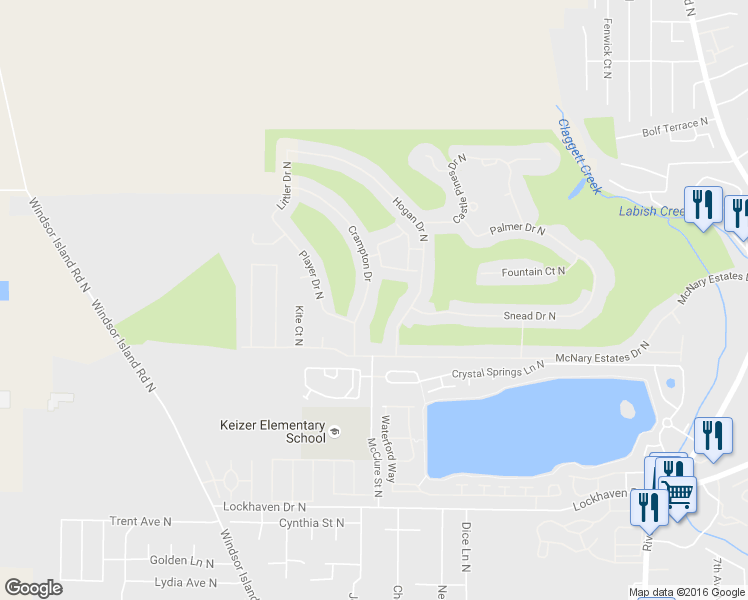 map of restaurants, bars, coffee shops, grocery stores, and more near 6188 Crampton Drive in Keizer