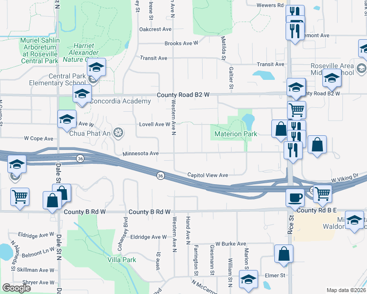map of restaurants, bars, coffee shops, grocery stores, and more near 2301 Hand Avenue in Roseville