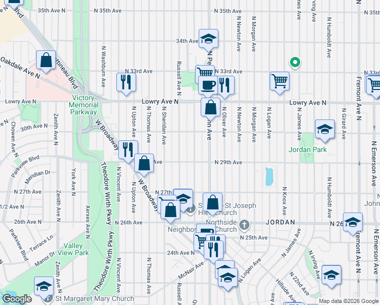 map of restaurants, bars, coffee shops, grocery stores, and more near 2930 Russell Avenue North in Minneapolis