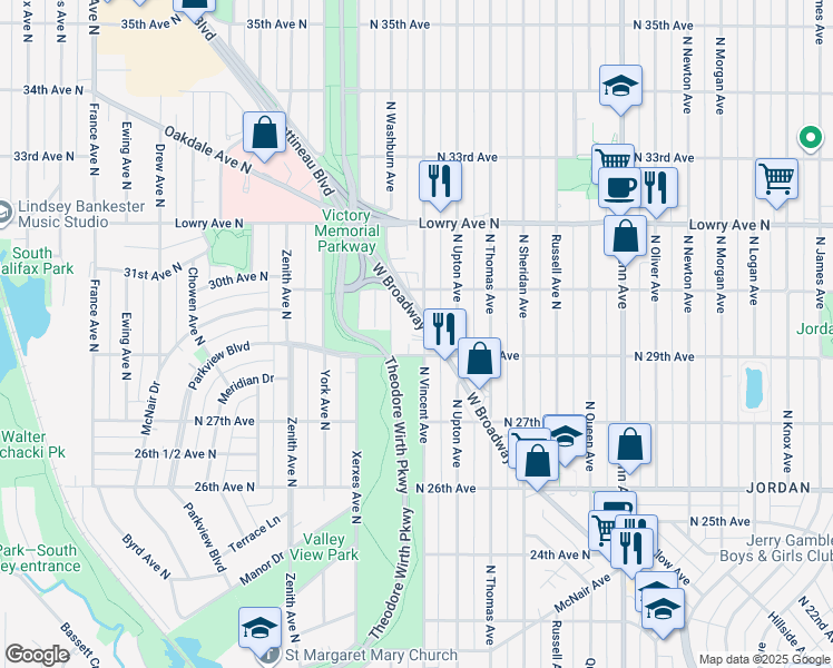 map of restaurants, bars, coffee shops, grocery stores, and more near 2923 North Vincent Avenue in Minneapolis