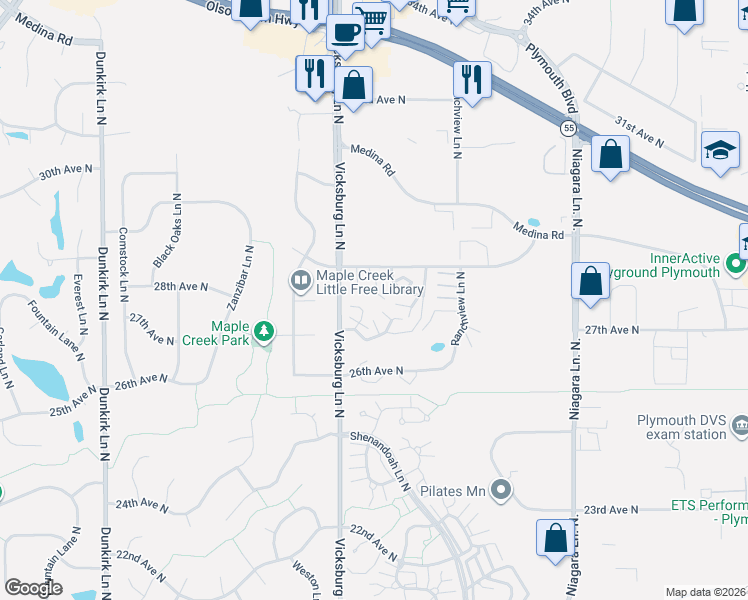 map of restaurants, bars, coffee shops, grocery stores, and more near 2759 Upland Lane North in Plymouth