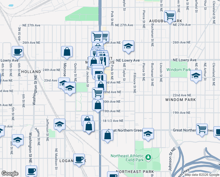 map of restaurants, bars, coffee shops, grocery stores, and more near 2214 Polk Street Northeast in Minneapolis