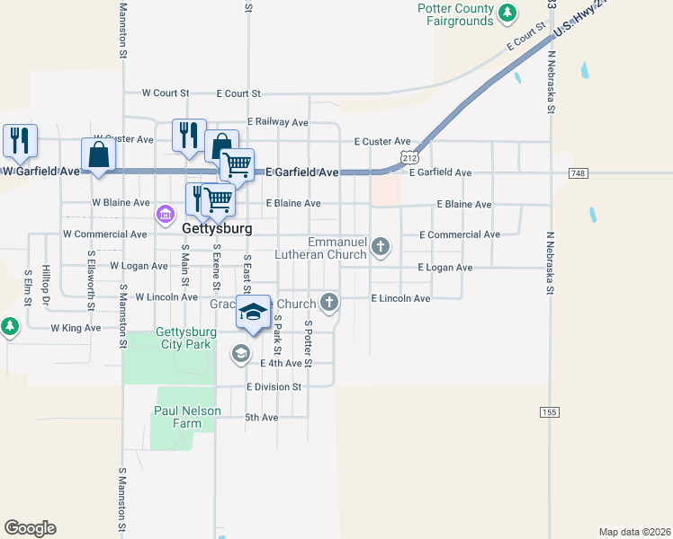 map of restaurants, bars, coffee shops, grocery stores, and more near 206 South Broadway Street in Gettysburg