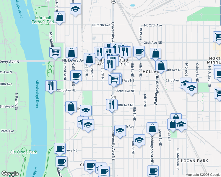 map of restaurants, bars, coffee shops, grocery stores, and more near 317 22nd Avenue Northeast in Minneapolis