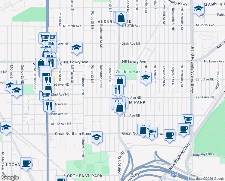map of restaurants, bars, coffee shops, grocery stores, and more near 2228 Lincoln Street Northeast in Minneapolis