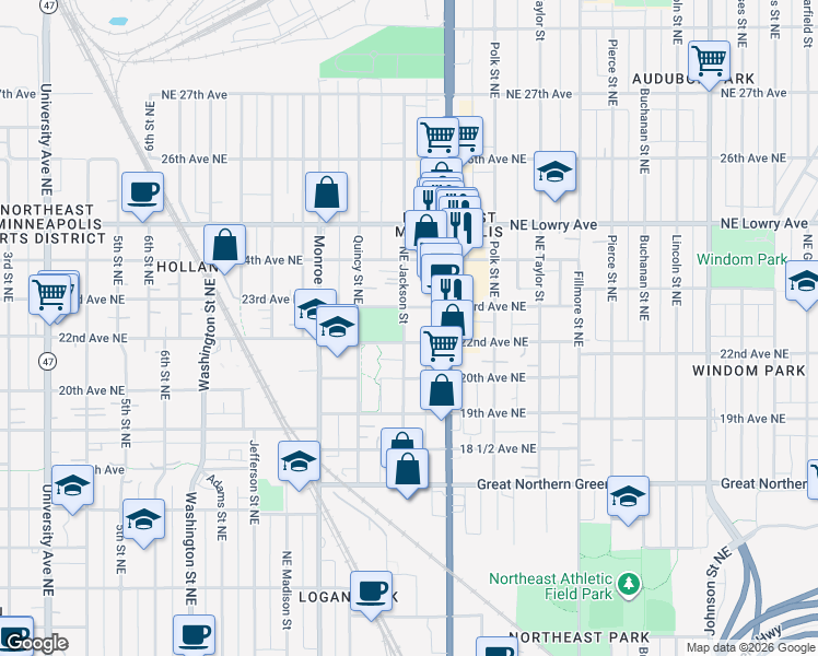map of restaurants, bars, coffee shops, grocery stores, and more near 2219 Northeast Jackson Street in Minneapolis