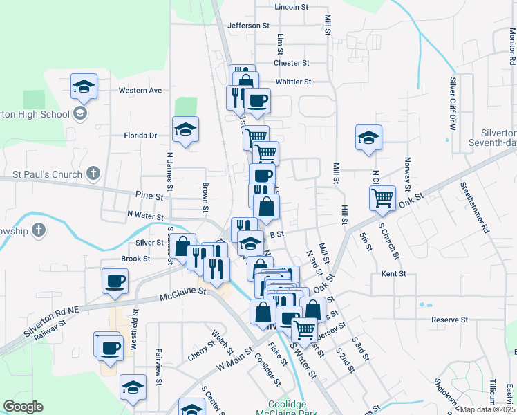 map of restaurants, bars, coffee shops, grocery stores, and more near North 1st Street in Silverton