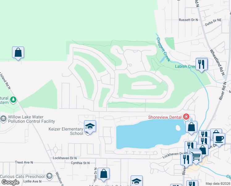 map of restaurants, bars, coffee shops, grocery stores, and more near 6226 Hogan Drive North in Keizer