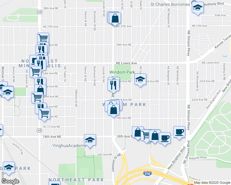 map of restaurants, bars, coffee shops, grocery stores, and more near 2229 Johnson Street Northeast in Minneapolis