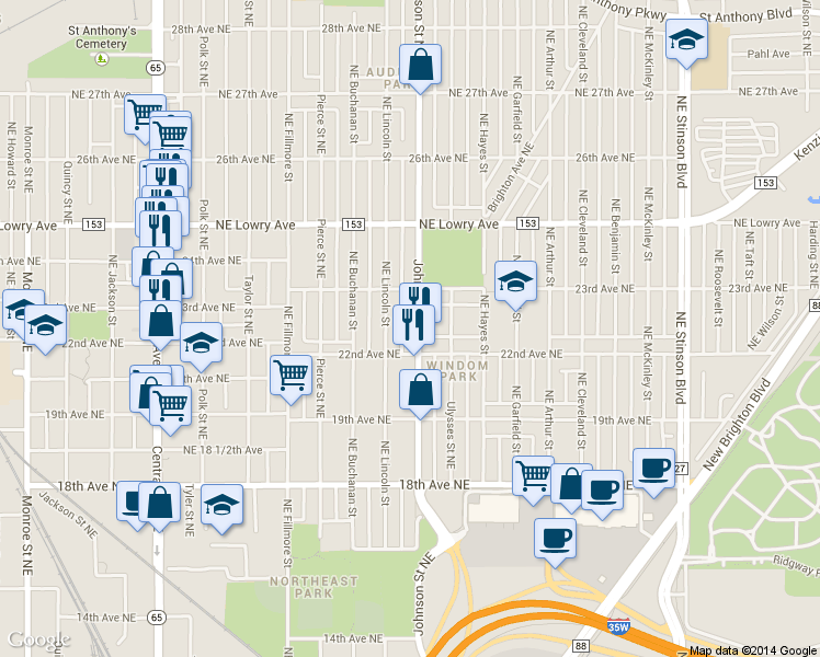 map of restaurants, bars, coffee shops, grocery stores, and more near 2229 Johnson Street Northeast in Minneapolis