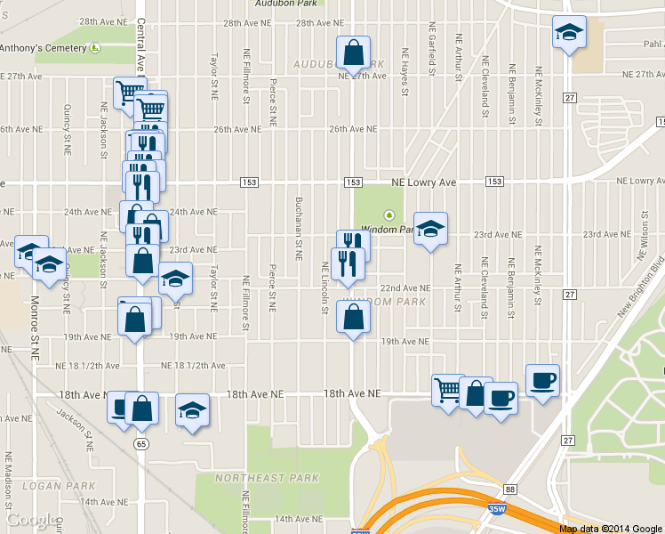 map of restaurants, bars, coffee shops, grocery stores, and more near 2228 Lincoln Street Northeast in Minneapolis