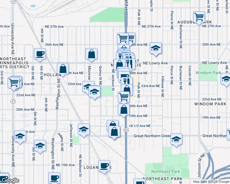 map of restaurants, bars, coffee shops, grocery stores, and more near 2219 Northeast Jackson Street in Minneapolis