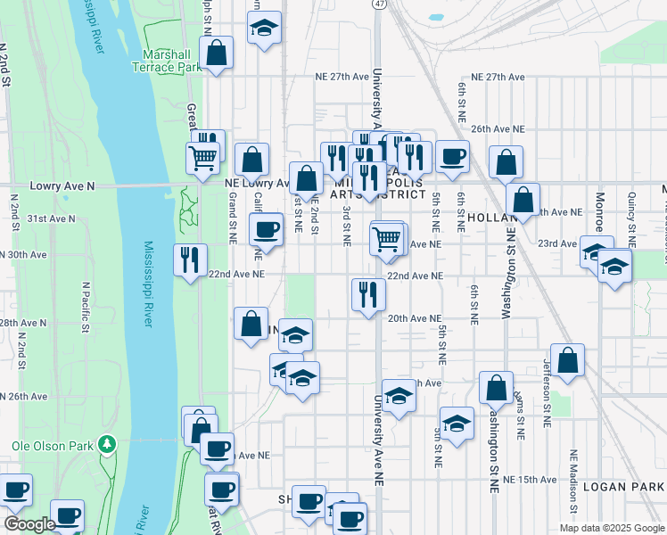 map of restaurants, bars, coffee shops, grocery stores, and more near 213 22nd Avenue Northeast in Minneapolis