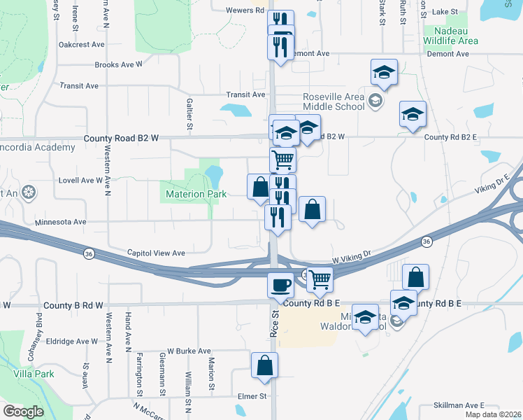 map of restaurants, bars, coffee shops, grocery stores, and more near 2295 Rice Street in Roseville