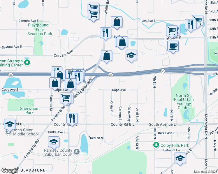 map of restaurants, bars, coffee shops, grocery stores, and more near 1917 Cope Avenue East in Maplewood