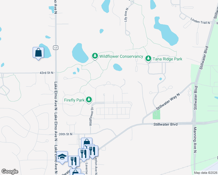 map of restaurants, bars, coffee shops, grocery stores, and more near 11411 Blazingstar Lane in Lake Elmo