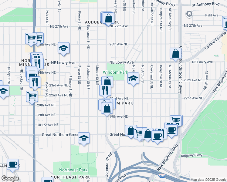 map of restaurants, bars, coffee shops, grocery stores, and more near 2220 Ulysses Street Northeast in Minneapolis