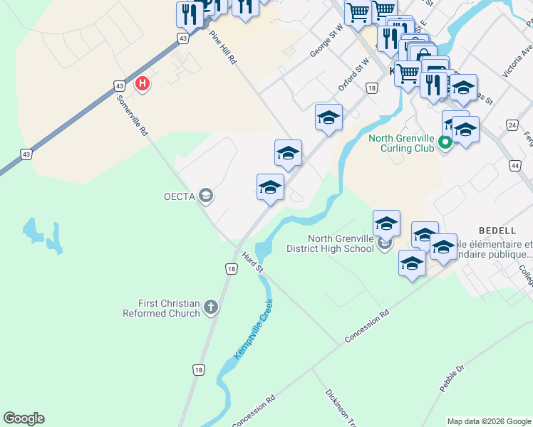 map of restaurants, bars, coffee shops, grocery stores, and more near 541 Clothier Street West in Kemptville