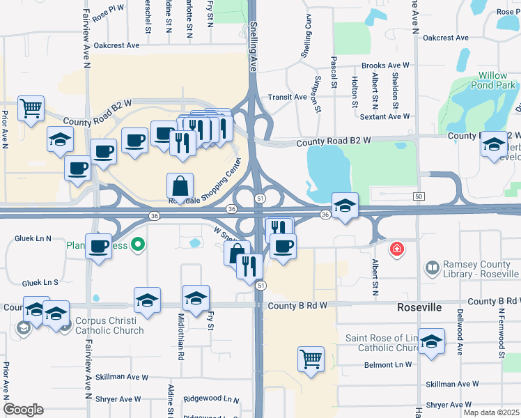 map of restaurants, bars, coffee shops, grocery stores, and more near Snelling Avenue North in Ramsey County