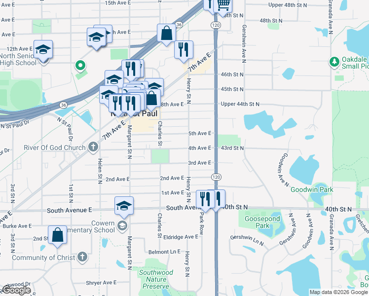 map of restaurants, bars, coffee shops, grocery stores, and more near 2671 4th Avenue East in North Saint Paul