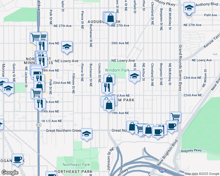 map of restaurants, bars, coffee shops, grocery stores, and more near 2223 Johnson Street Northeast in Minneapolis