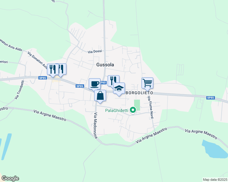 map of restaurants, bars, coffee shops, grocery stores, and more near 25 Via XX Settembre in Gussola