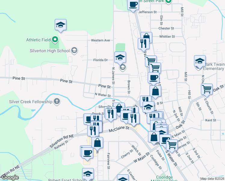 map of restaurants, bars, coffee shops, grocery stores, and more near 115n North James Street in Silverton
