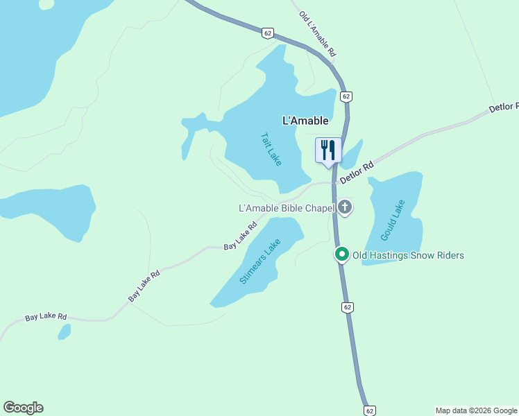 map of restaurants, bars, coffee shops, grocery stores, and more near 70 Bay Lake Road in Bancroft