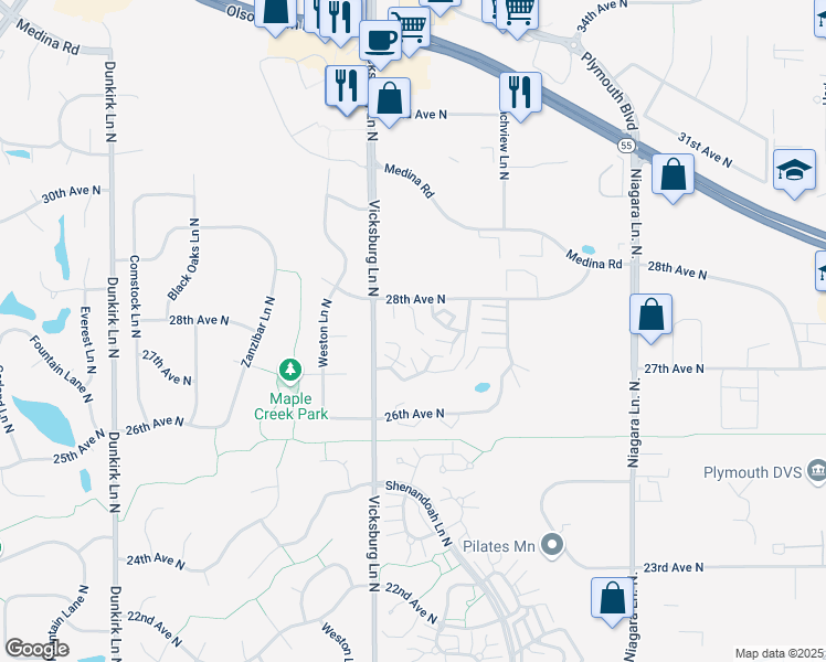 map of restaurants, bars, coffee shops, grocery stores, and more near 2759 Upland Lane North in Plymouth