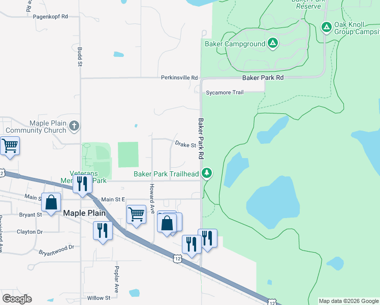 map of restaurants, bars, coffee shops, grocery stores, and more near 4835 Drake Street in Maple Plain