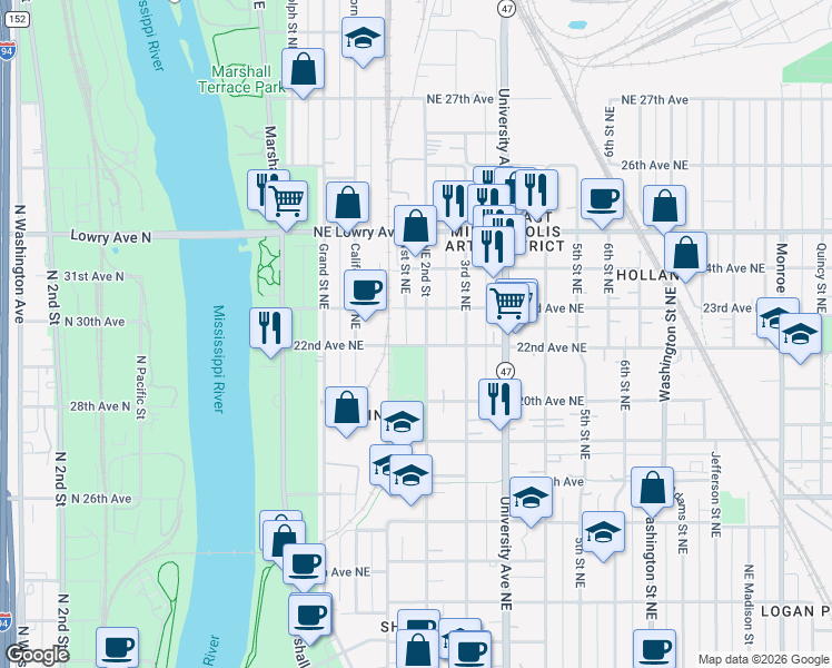map of restaurants, bars, coffee shops, grocery stores, and more near 111 22nd Avenue Northeast in Minneapolis