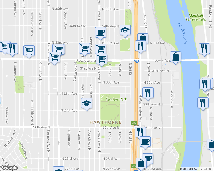 map of restaurants, bars, coffee shops, grocery stores, and more near 429 North 30th Avenue in Minneapolis