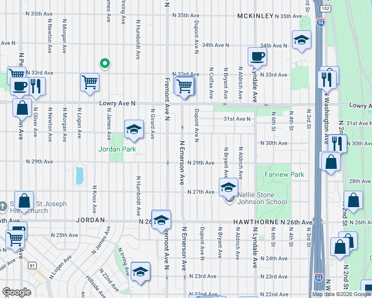 map of restaurants, bars, coffee shops, grocery stores, and more near 2928 Emerson Avenue North in Minneapolis