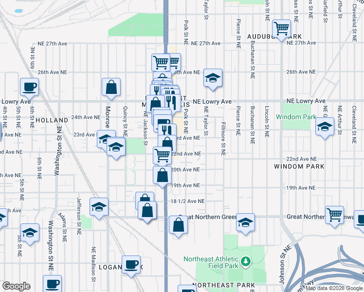 map of restaurants, bars, coffee shops, grocery stores, and more near 2214 Polk Street Northeast in Minneapolis